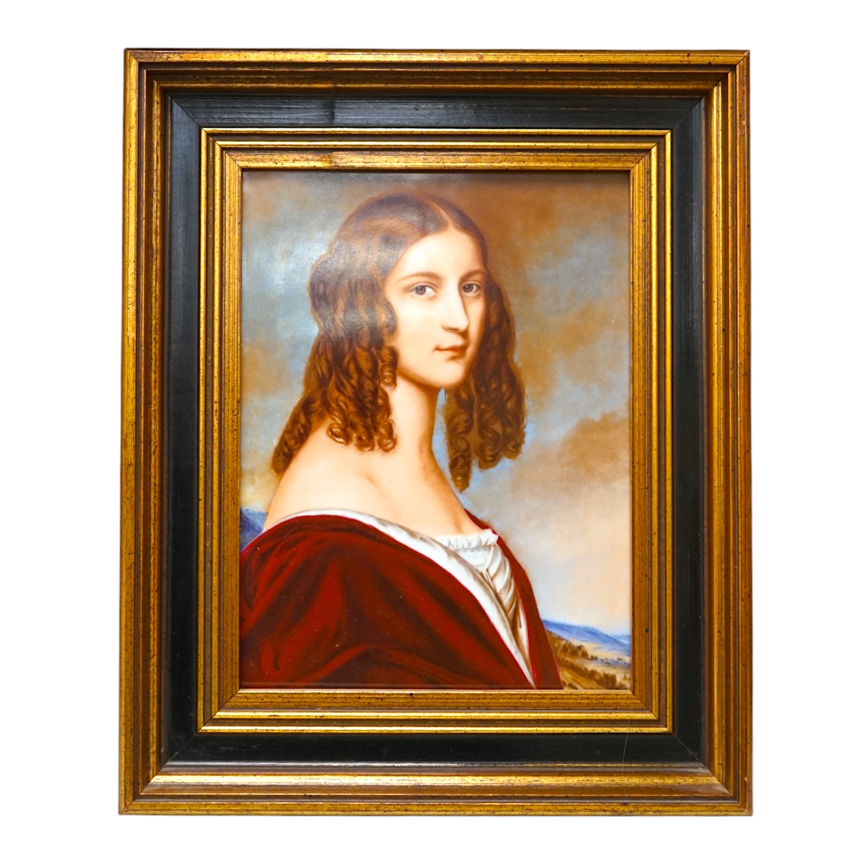 A 20th century German RPM printed porcelain portrait plaque of Baroness Frederike von Gumpenberg, framed, 23 x 17cm excl. frame. Condition - good